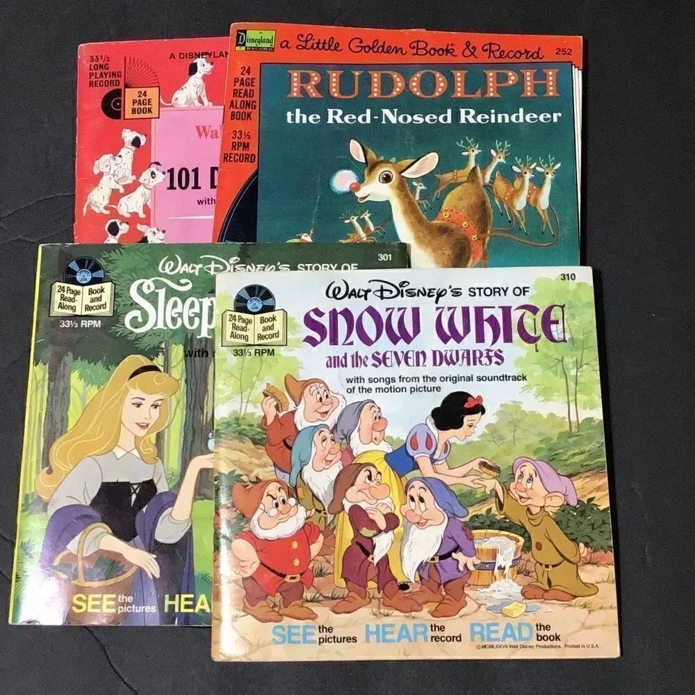 Set of 4 vintage Disney read, see and listen record books Snow White, Sleeping B